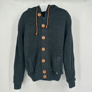 American Stitch Mens Waffle Knit Sherpa Lined Hooded Cardigan Size S Elbow Patch